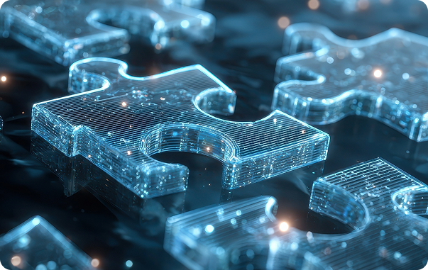 Abstract 3D puzzle pieces representing an integration-first ecosystem
